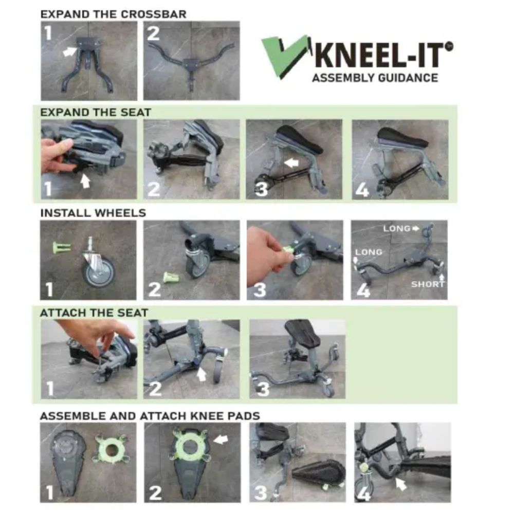 Step-by-step assembly guide for Kneel-It V3 rolling knee pads, showcasing its tool-free setup