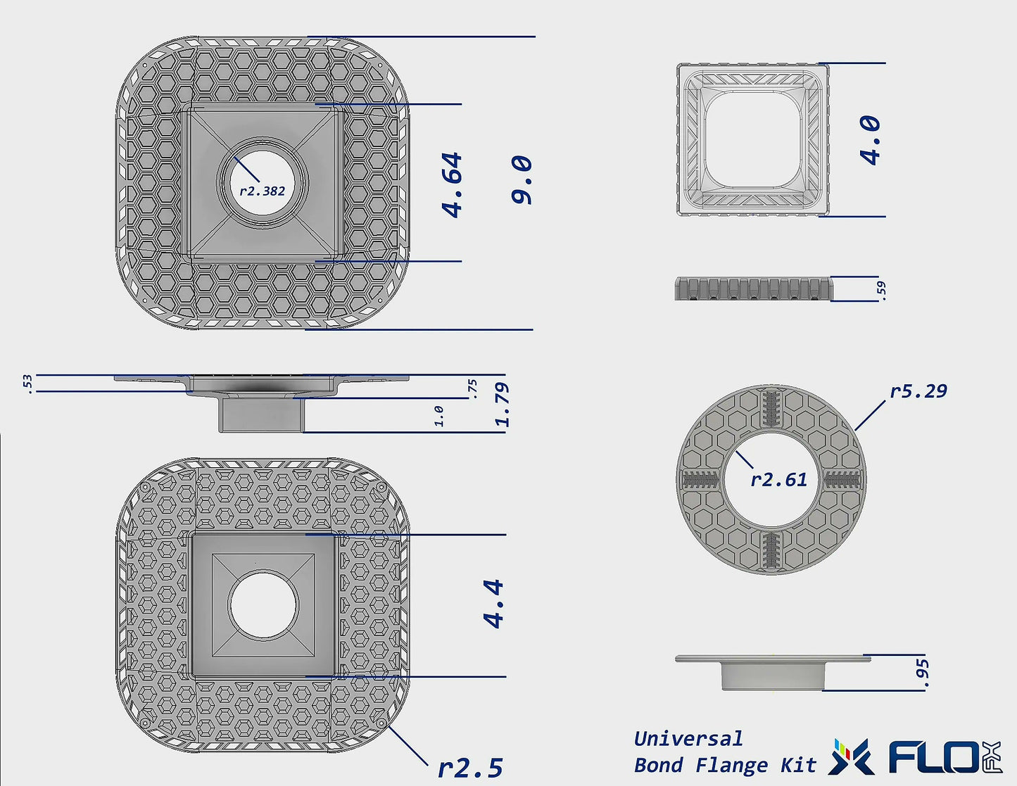 Technical drawing of a Universal Bond Flange Kit with dimensions and FLO logo.