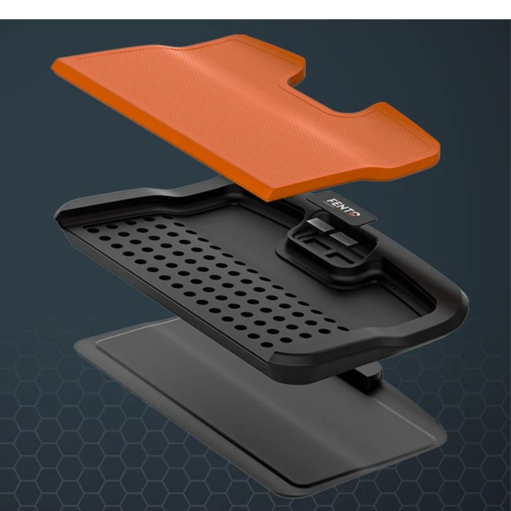 Exploded view of FENTO BOARD M2 ergonomic knee board—PU-foam top, anti-slip PVC base, and integrated magnetic tool tray