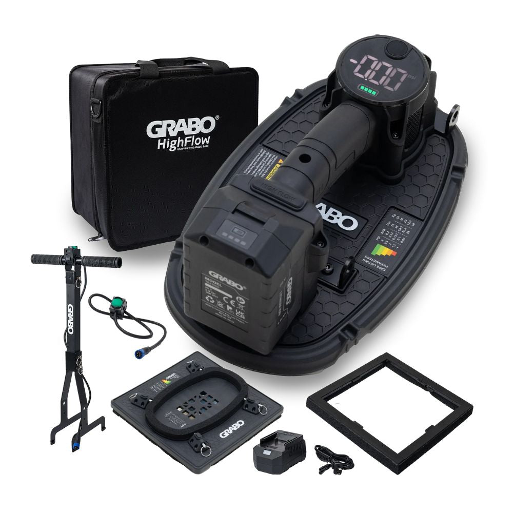 GRABO HIGH-FLOW kit with batteries, charger, plate, t-handle, and carrying case