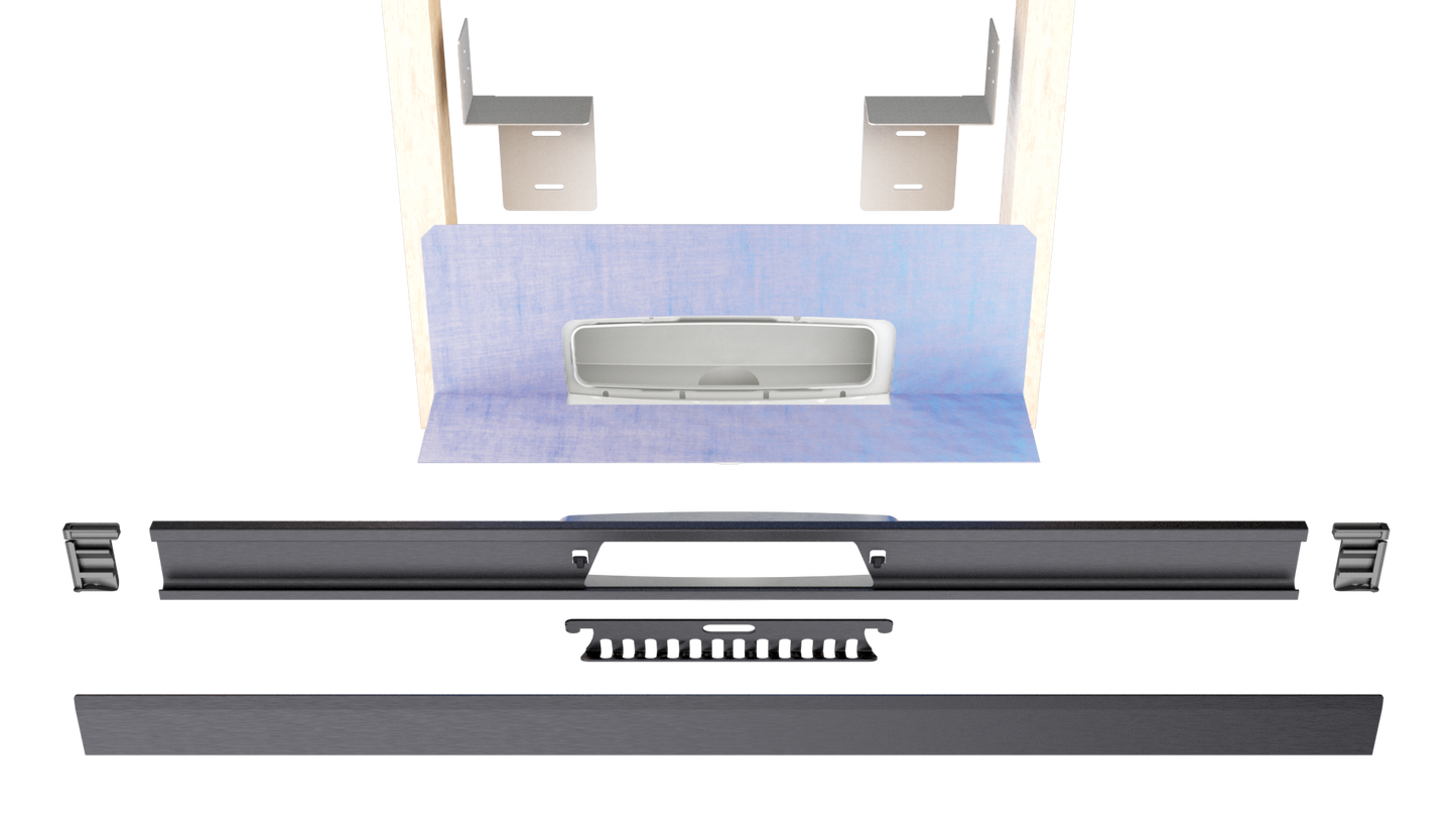 Exploded diagram of Gruen WallLine linear wall drain in matte black finish with all customizable parts displayed