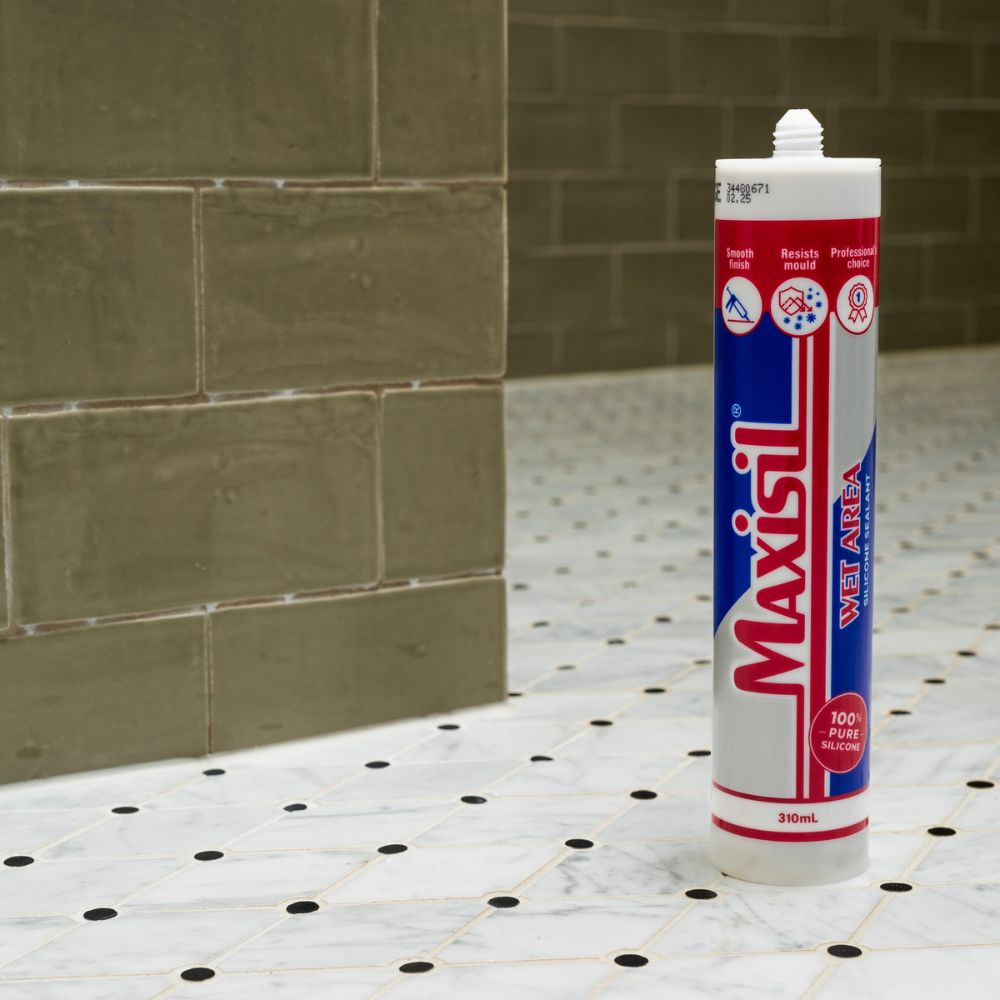 Maxisil Wet Area Sealant tube close-up.