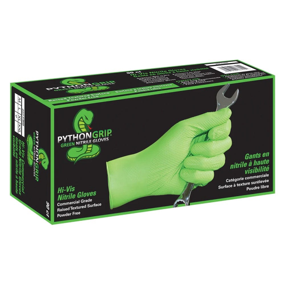 Python Grip green nitrile gloves packaging with a hand holding a wrench.