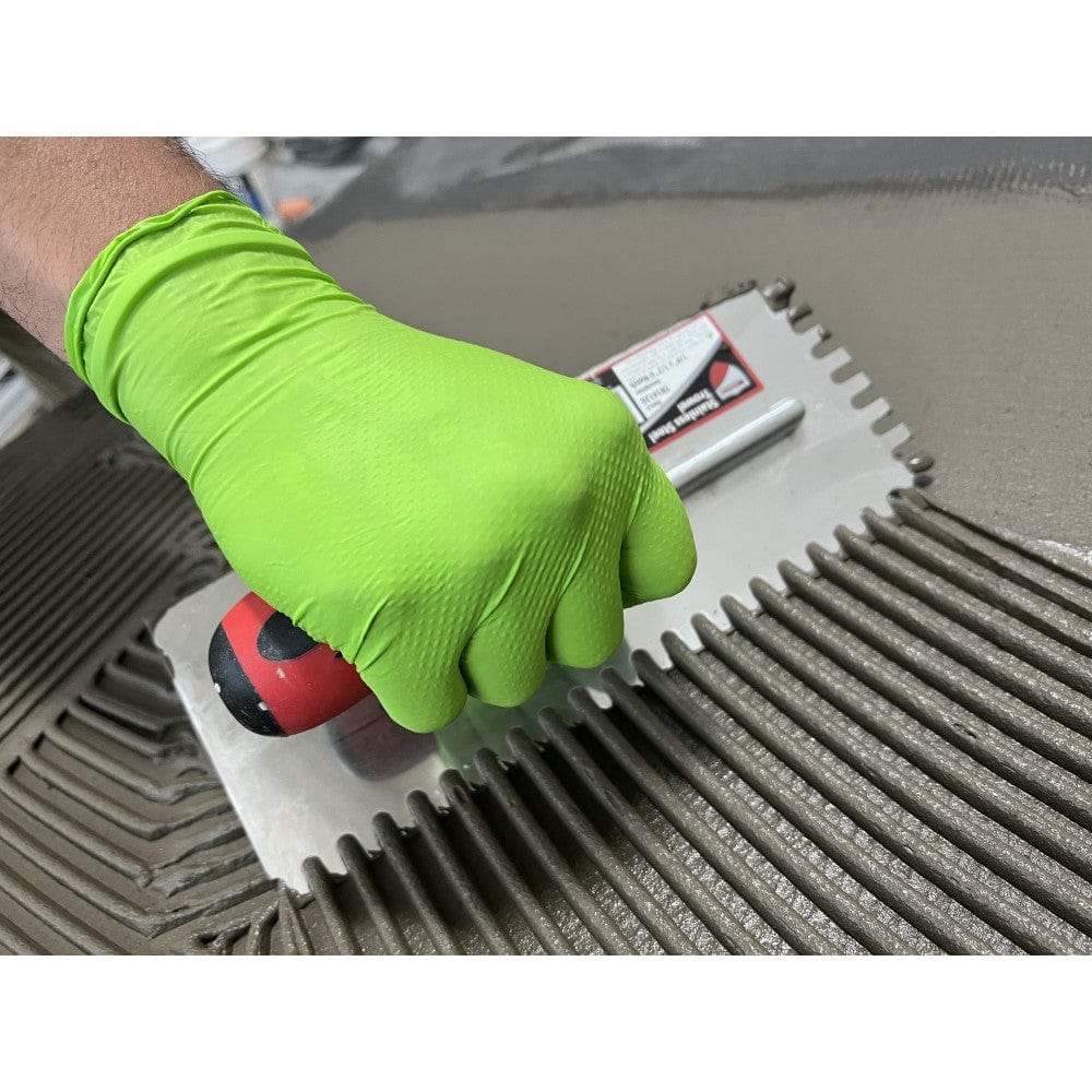 Python Grip green nitrile gloves with a hand spreading thinset
