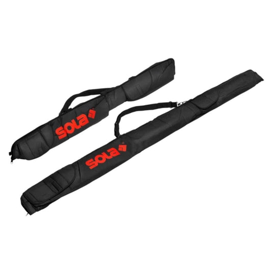 Professional-grade Sola Spirit Level Synthetic Fiber Bag in black color, designed for tile contractors and home remodelers. Features additional side pockets, synthetic fiber material, and a sturdy handle for secure storage and easy transportation.