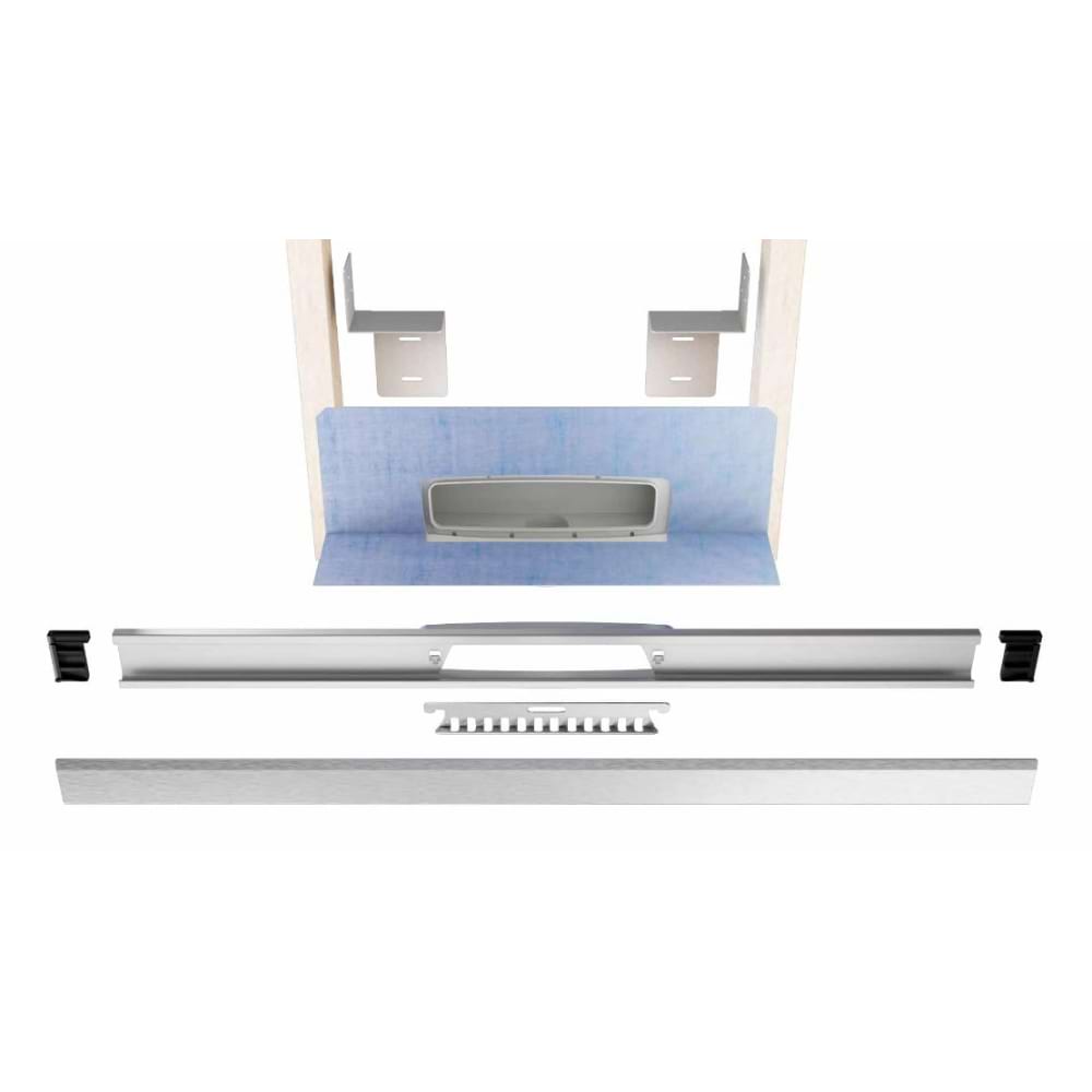 Exploded view of Gruen WallLine linear drain system in brushed stainless steel finish, showing individual components for easy assembly